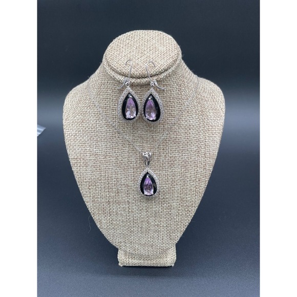 Vintage Sterling Silver Amethyst Spinel Drop Necklace Earrings Set 19" Matching - Picture 1 of 4